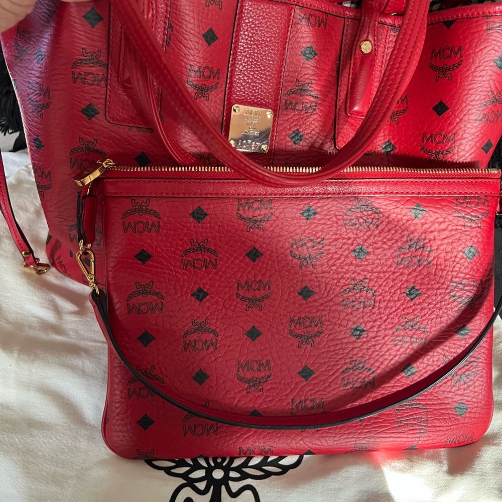 MCM Red Monogram Tote with Gold Hardware